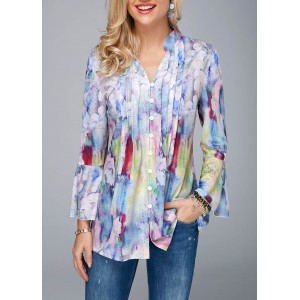 Split Neck Crinkle Chest Flare Cuff Blouse