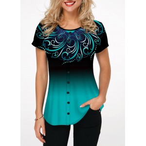 Round Neck Button Embellished Printed Blouse