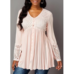 Lace Panel Flare Sleeve Button Up Blouse