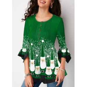 Crinkle Chest Flare Cuff Christmas Print Blouse