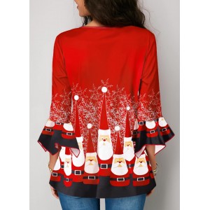 Flare Cuff Christmas Print Crinkle Chest Blouse