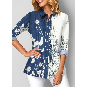 Button Up Floral Print Turndown Collar Blouse