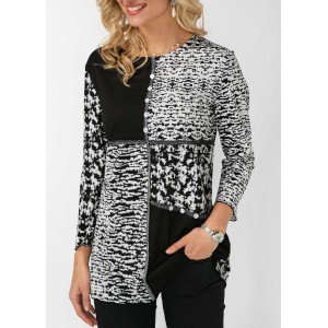 Button Detail Round Neck Printed Blouse