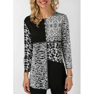 Button Detail Round Neck Printed Blouse
