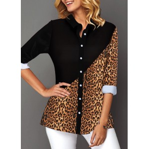 Button Up Leopard Print Contrast Panel Shirt