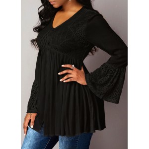 Lace Panel Flare Cuff Button Detail Blouse