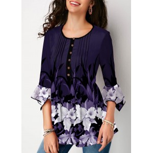 Flare Cuff Crinkle Chest Floral Print Blouse