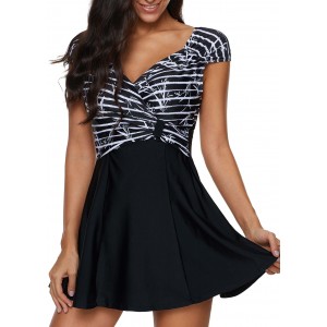Hollow Back Striped Swimdress and Shorts