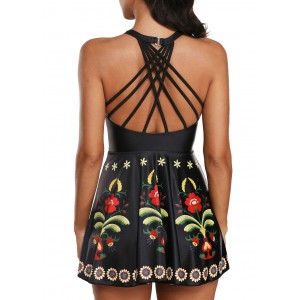 Printed Strappy Back Black Swimdress and Shorts