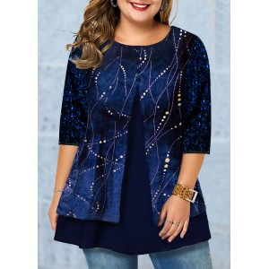 Plus Size Hot Stamping Faux Two Piece T Shirt