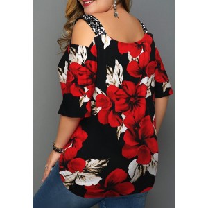 Plus Size Sequin Panel Floral Print T Shirt