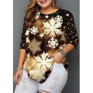 Plus Size Christmas Snowflake Print Sequin Detail T Shirt