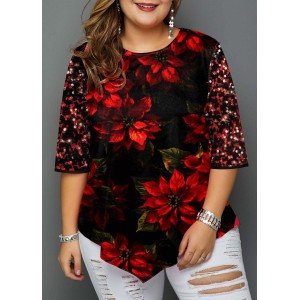 Sequin Embellished Christmas Print Plus Size T Shirt