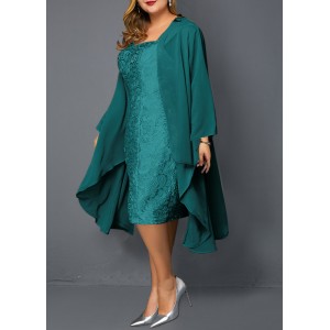 Plus Size Chiffon Cardigan and Turquoise Sleeveless Lace Dress