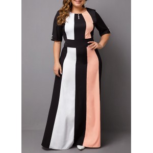 Plus Size Color Block Half Sleeve Maxi Dress
