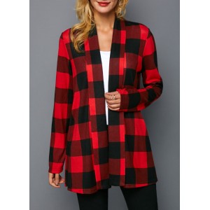 Plaid Print Open Front Red Coat