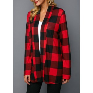 Plaid Print Open Front Red Coat