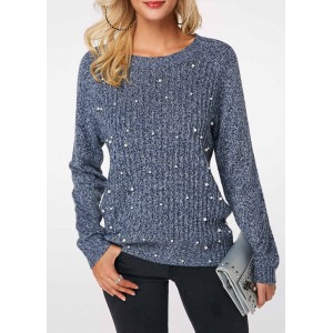 Faux Pearl Embellished Dusty Blue Round Neck Sweater