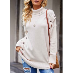 Turtleneck Button Detail Long Sleeve Sweater