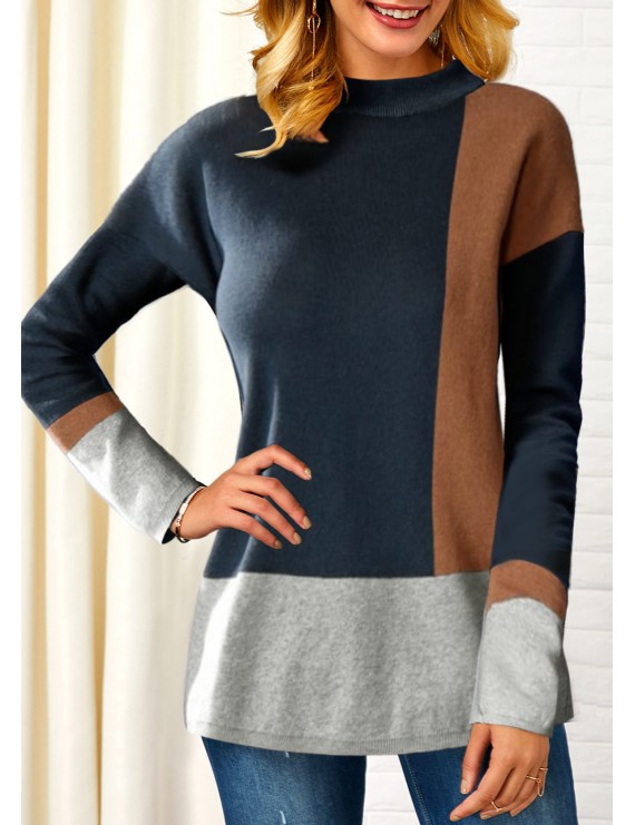 Contrast Panel Long Sleeve Pullover Sweater
