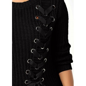 Lace Up Rib Knit Asymmetric Hem Sweater