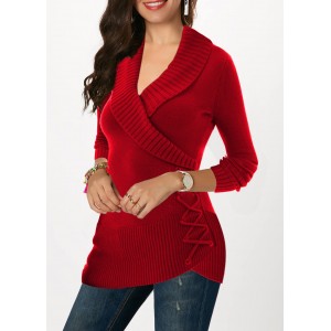 Lace Up Long Sleeve Red Sweater