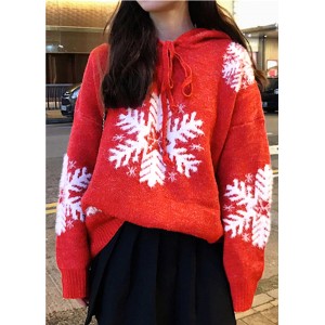 Christmas Hooded Collar Snowflake Pattern Pullover Sweater