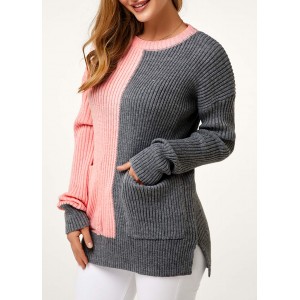 Color Block Side Slit Long Sleeve Sweater