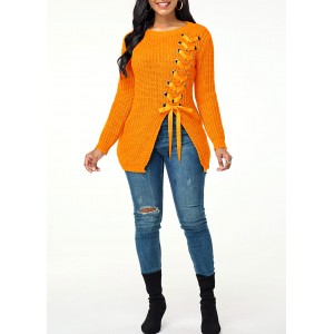 Lace Up Split Front Long Sleeve Sweater