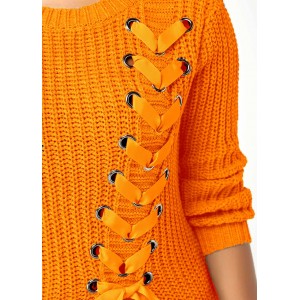 Lace Up Split Front Long Sleeve Sweater