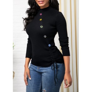 Button Detail Long Sleeve Drawstring Side Sweater