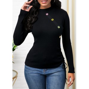Button Detail Long Sleeve Drawstring Side Sweater