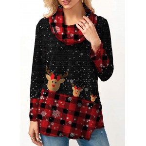 Cowl Neck Plaid Print Long Sleeve Christmas Sweatshirt