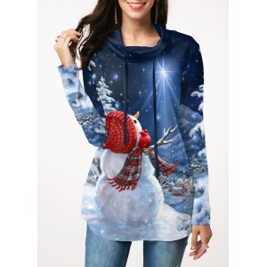 Christmas Print Long Sleeve Blue Sweatshirt