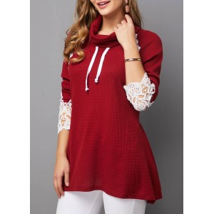 Lace Panel Wine Red Long Sleeve Sweatshirt