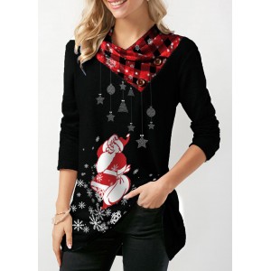 Santa Print Long Sleeve Button Embellished Christmas Sweatshirt