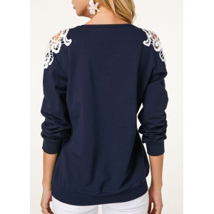 Crochet Panel Long Sleeve Navy Blue Sweatshirt
