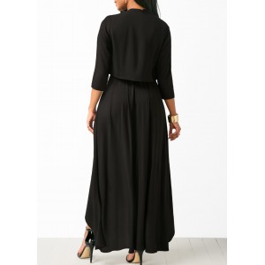 Asymmetric Hem Belted Black Maxi Dress and Cardigan