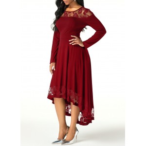 Lace Panel Long Sleeve High Low Dress