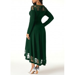 Lace Panel Long Sleeve Green High Low Dress