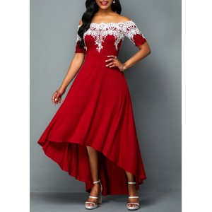Off the Shoulder Lace Patchwork High Low Dress