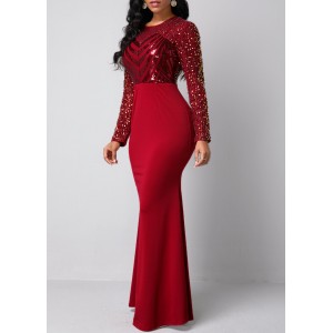 Sequin Detail Red Long Sleeve Mermaid Dress