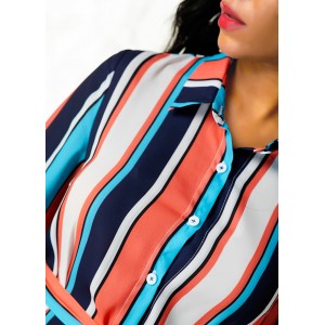 Stripe Print Turndown Collar Belted Button Up Dress