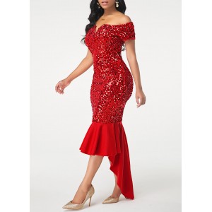 Off the Shoulder Sequin Embellished Wine Red Sheath Dress