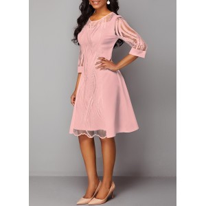 Three Quarter Sleeve Round Neck Pink Lace Dress