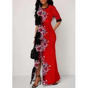 Rose Print Color Block Front Slit Maxi Dress