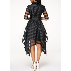 Sheer Striped Black Half Sleeve Belted Dress