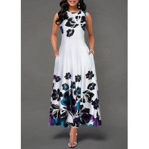 Sleeveless High Waist Flower Print Pocket Dress