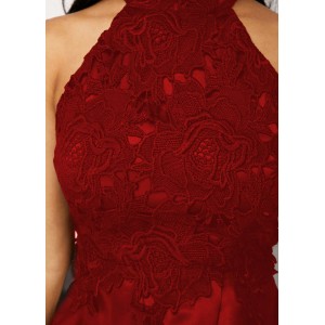 Wine Red Sleeveless Lace Panel High Low Dress