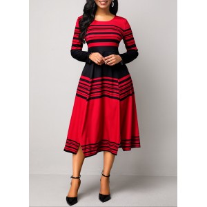 Stripe Print Long Sleeve High Waist Dress